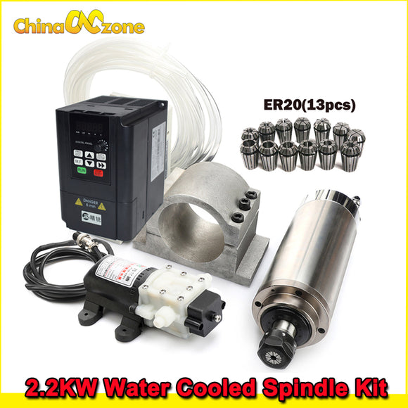 220V 80MM 2200W CNC Milling Spindle Motor kit | 2.2KW Inverter | Spindle Clamp | Pump | 13pcs ER20 | Water tube